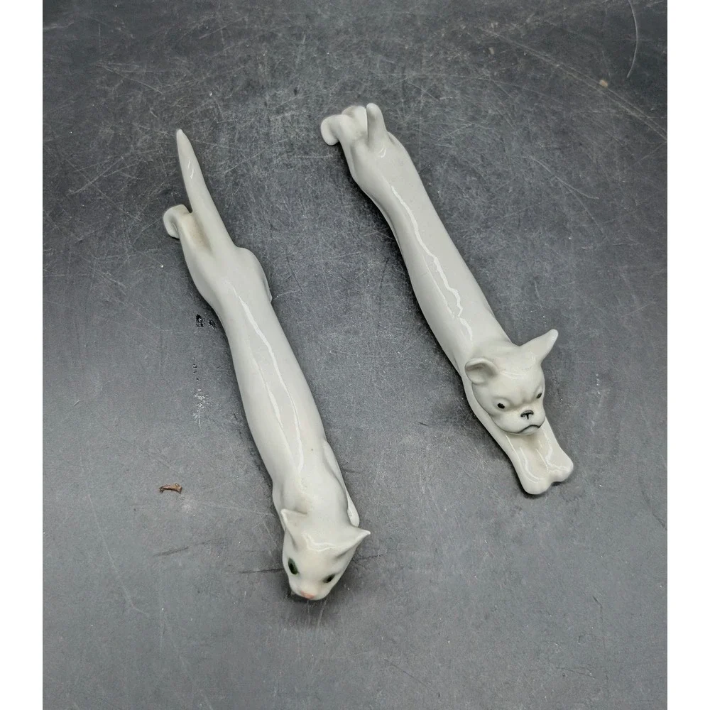 Set/2 Art Deco Pfeffer Gotha Vintage White Porcelain Cat and Dog Knife Rests 3